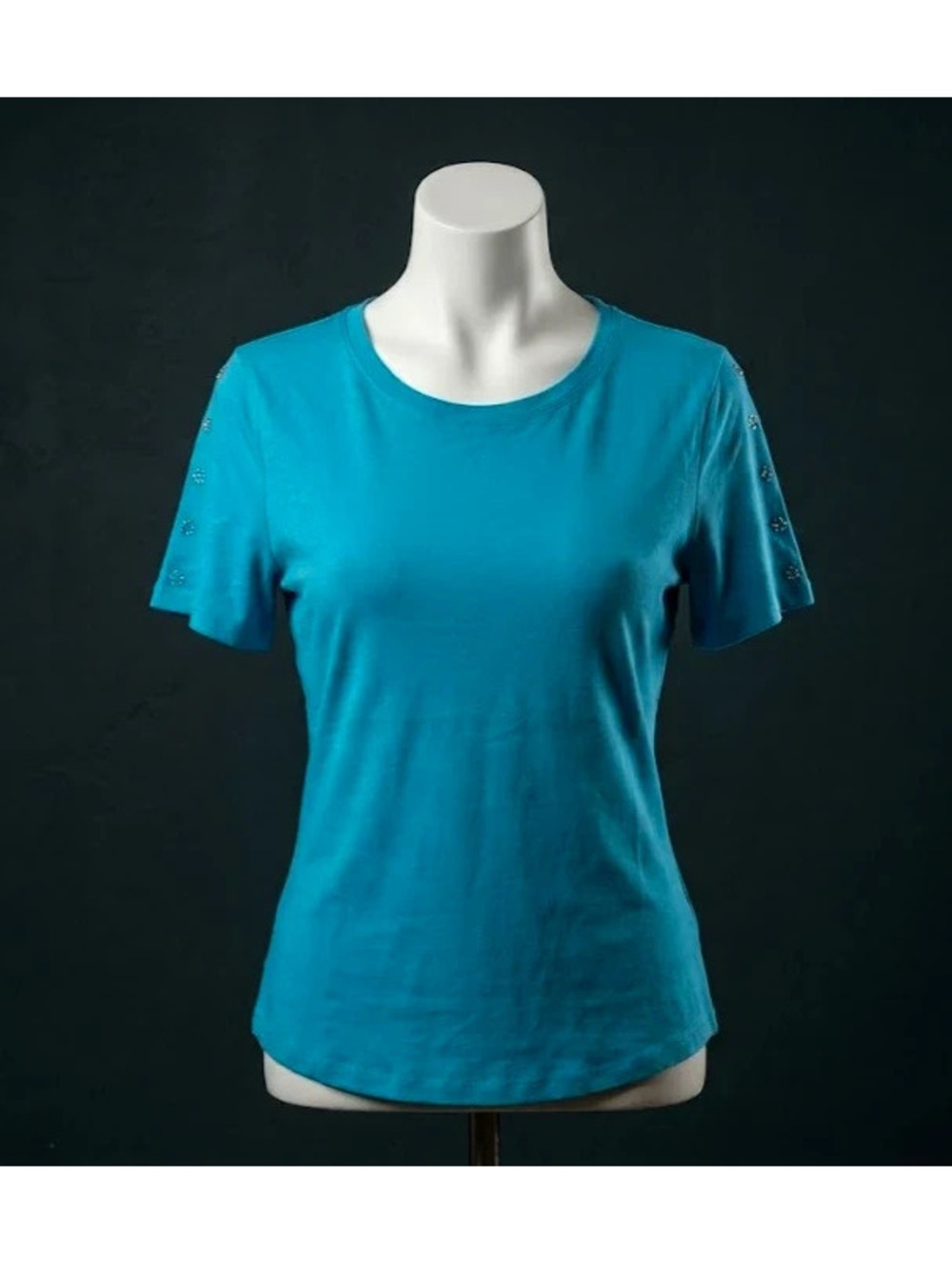 Multiples Turquoise Blue Studded Sleeve T-Shirt Top Size M